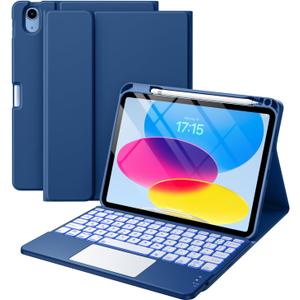 Compatible for iPad 11th 10th Generation Case with Keyboard, Folio Cover with Pencil Holder, Multi-Touch Trackpad, 7 Color Backlit, Detachable Keyboard for iPad (A16) 11th/10th Gen (Navy Blue)