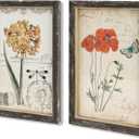 NIKKY HOME Vintage Botanical Wall Art Set of 2, Rustic Wooden Framed Floral Flower Plant Butterfly Pictures Prints Poster Decor for Bathroom Bedroom Living Room Kitchen Office, 13 x9 Inch