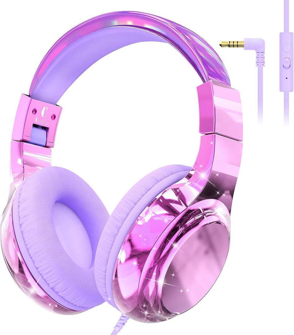 QearFun Kids Headphones Wired with Mic, 85/94dB Safe Volume Limit, Foldable Over Ear, Tangle-Free Cord & Sharing Port, Wired On-Ear Headset for School, Chromebook, Tablet, Travel - Boys & Girls (Light purple)