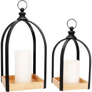 Decor Modern Farmhouse Lantern Decor Set of 2, Black Metal Candle Lanterns, Wooden Lanterns Decorative w/Timer & Remote-Controlled Flickering Candles for Home, Indoor, Table, Fireplace Mantle Dcor