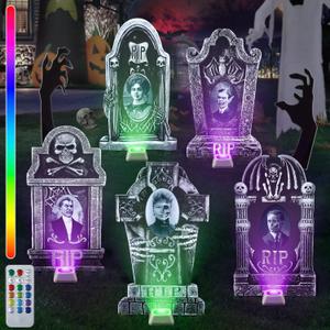 21.65 Inch Halloween Tombstones 3D Changing Face Black Hands Yard Signs, 5 Set Lighted Halloween Tombstones Decorations Outdoor with 13 Colors for Grave Lawn Haunted Decor (Creepy Style)