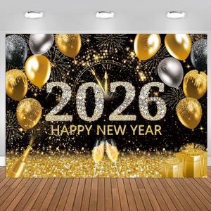 8x6ft Happy New Year Backdrop 2026 Black and Gold Fabric Background New Year's Eve Wall Champagne Fireworks for Celebrate Decor Banner New Year's Holiday Party Decorations