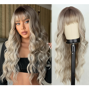 LINGHANG Dirty Blonde Wigs with Bangs Long Wavy Wigs for Women Long Blonde Wigs with Dark Root Wig Heat Resistant Synthetic Wig for Party Daily Use
