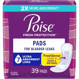 Poise Incontinence Pads & Postpartum Incontinence Pads, 7 Drop Ultra Absorbency, Long Length, 39 Count, Packaging May Vary