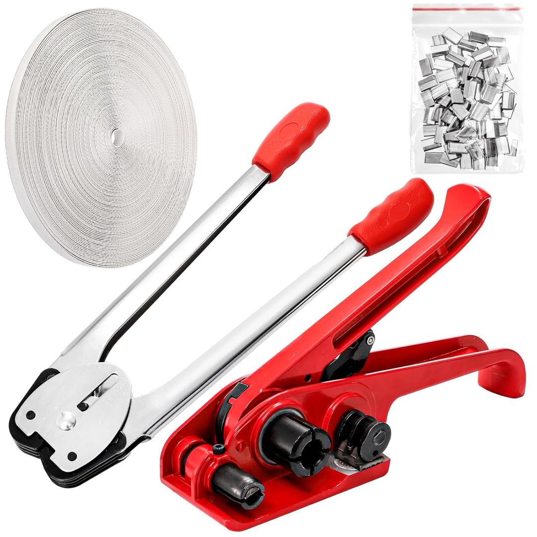 Cedilis Set of 4 Banding Pallet Strapping Kit, 1PC Poly Strapping Tensioner, 1PC Banding Sealer Tool, 100 Metal Seals, 3900" Length PP Band for Pallet Packaging, Red