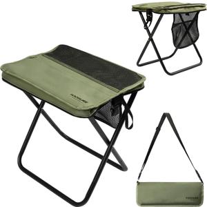 16" Extra Tall Portable Folding Stool for Adults, X-Large Collapsible Camping Chair with 3 Storage Pockets, Heavy Duty Travel Seat for Fishing, Hiking, Gardening