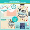 Decorably 100 Pack Foiled 5x7in Assorted Happy Birthday Cards Bulk with Envelopes and Stickers, 100 Folded Unique Designs for Friends, Family & Loved Ones, Printed Message Inside - Gifting, Mailing