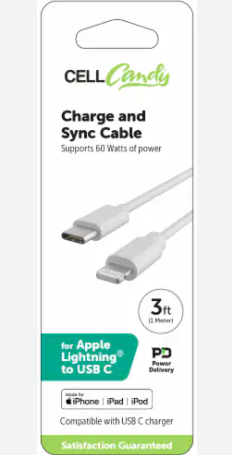 Cell Candy Fast Charge And Sync Cable For Apple Lightning TO USB C, 3 Ft, White