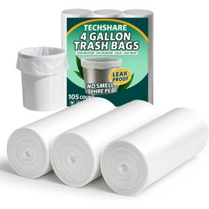 TECHSHARE Small Garbage Bags 4 Gallon - 105 Count Trash Can Liners for Bathroom, Office, Bedroom - Mini White HDPE Plastic Waste Basket Bags, Value Pack for Daily Use, Fits Small Trash Cans