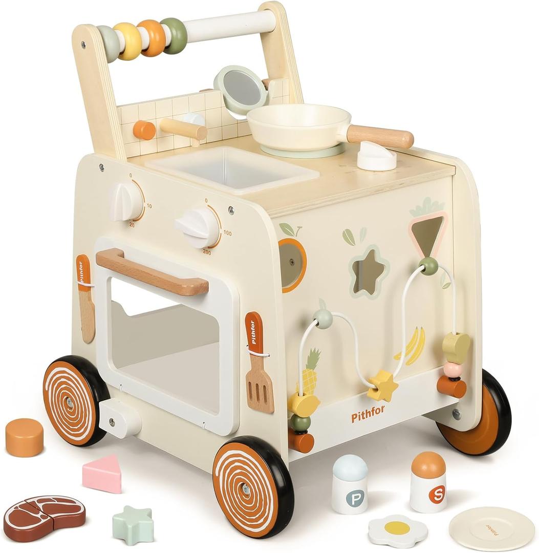 Pithfor Wooden Baby Walker, 3-in-1 Baby Push Walker, with Pretend Kitchen, Montessori Sensory Activity Center, Push Walker Toys for Babies Learning to Walk, Sit-to-Stand