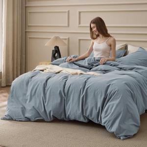 Bedsure 100% Washed Cotton Duvet Cover Queen Size - Dusty Blue Minimalist Cotton Bedding Linen Like for All Seasons - GentleSoft Plain Simple Duvet Cover, 3 Pieces (Dusty Blue, Queen, 90"x90")