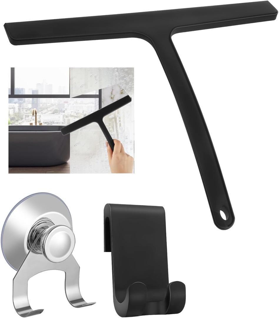 Shower Squeegee for Glass Doors,Silicone Shower Squeegee Glass Cleaner Tool Holder,All Purpose Squeegee with Hook for Shower Doors, Windows, Mirrors, Tiles and Car Glass-9 Inch