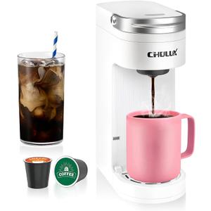 CHULUX Slim Single Serve Coffee Maker for K Pod, One Cup Coffee Maker Fits 7.3" Travel Mugs, Coffee Machine with 6 to 12oz Brew Sizes, Pearl White