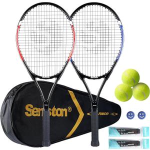 Senston Tennis Rackets for Adults 27 inch Tennis Racquets - 2 Player Tennis Racket Set with 3balls,2 Grips, 2 Vibration Dampers (Red and Blue)