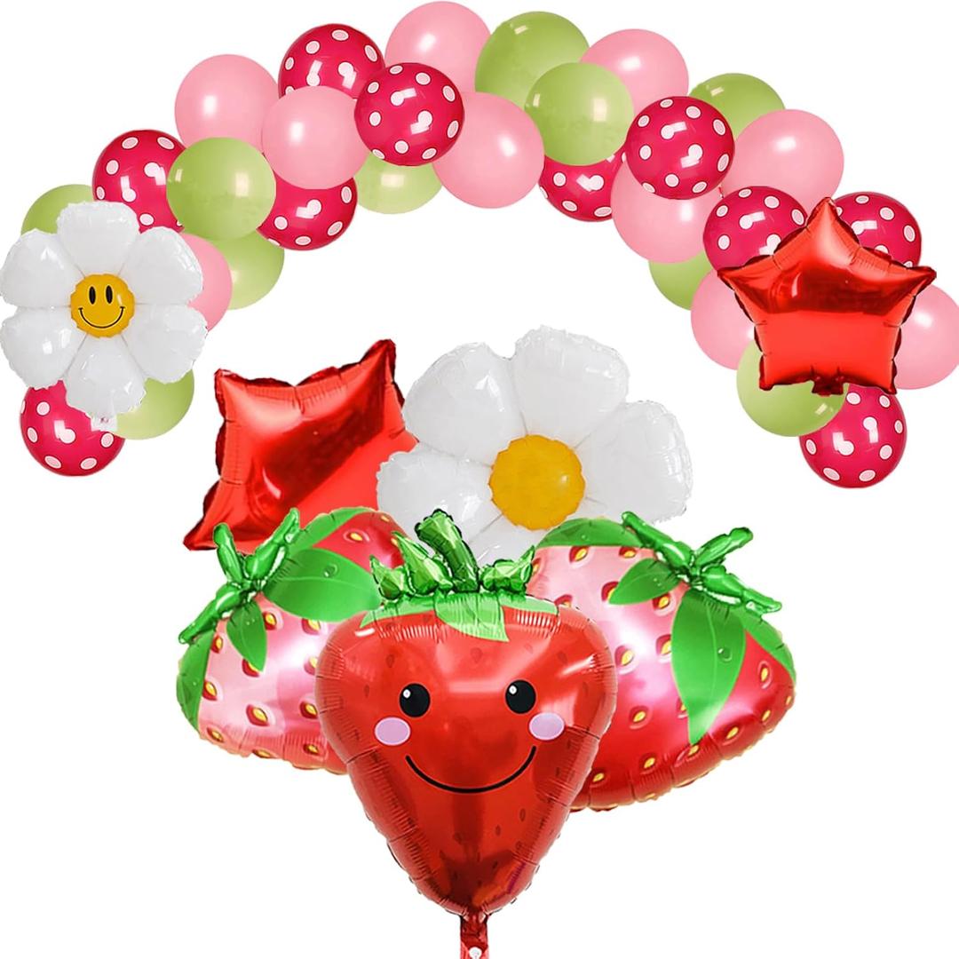 37PCS Strawberry Balloons Set, Strawberry Birthday Party Supplies, Foil Balloons for Girls, Red and Green