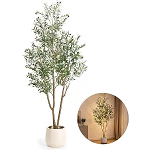7FT Artificial Olive Tree with Lights & Planter, Tall Faux Olive Plant