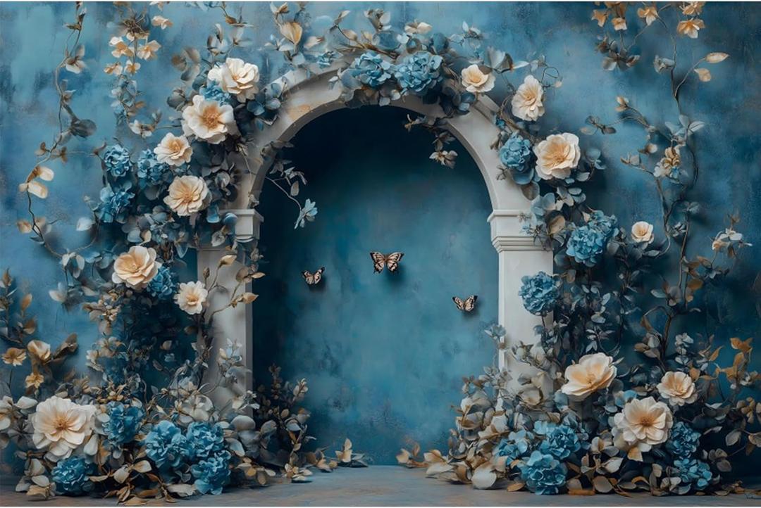 YongFoto Vintage Blue Wall Floral Archway Backdrop 10x8ft Flowers Butterfly Photography Background Birthday Bridal Baby Shower Wedding Party Banner Decor Portraits Photoshoot Wallpaper Photo Booth (10ftx8ft)