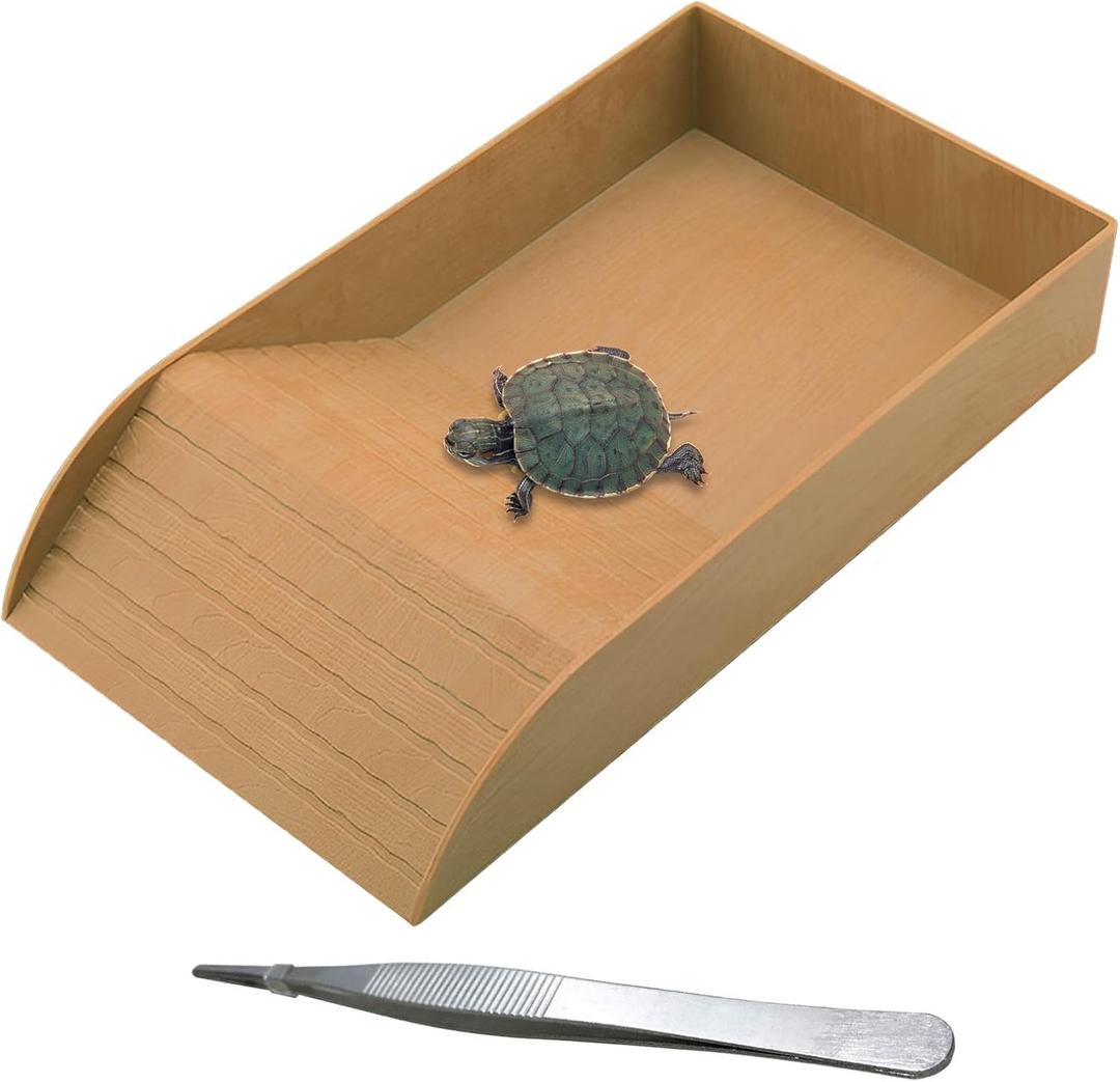 Kathson Reptile Tortoise Turtle Feeding Dish with Ramp and Basking Platform Plastic Turtle Food and Water Bowl Also Fit for Bath Horned Frogs Lizards Amphibians (Brown, Emulational Wood) (14" L x 7.87" W x 2.36" H, Style 1-Brown)