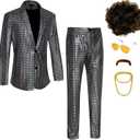 DZMDIP Men's 70s Disco Costume Shiny Metallic Sequin Suits Set Prom Party 2 Piece Outfits Size M