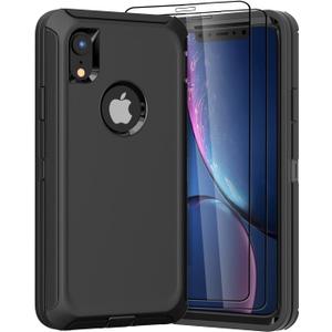 Designed for iPhone XR Case [3 in 1 Full Body Protection] Rugged Heavy Duty Military Grade Cover, Shockproof/Drop 6.1 inch Phone Case(Black) (Case+2 Protectors)