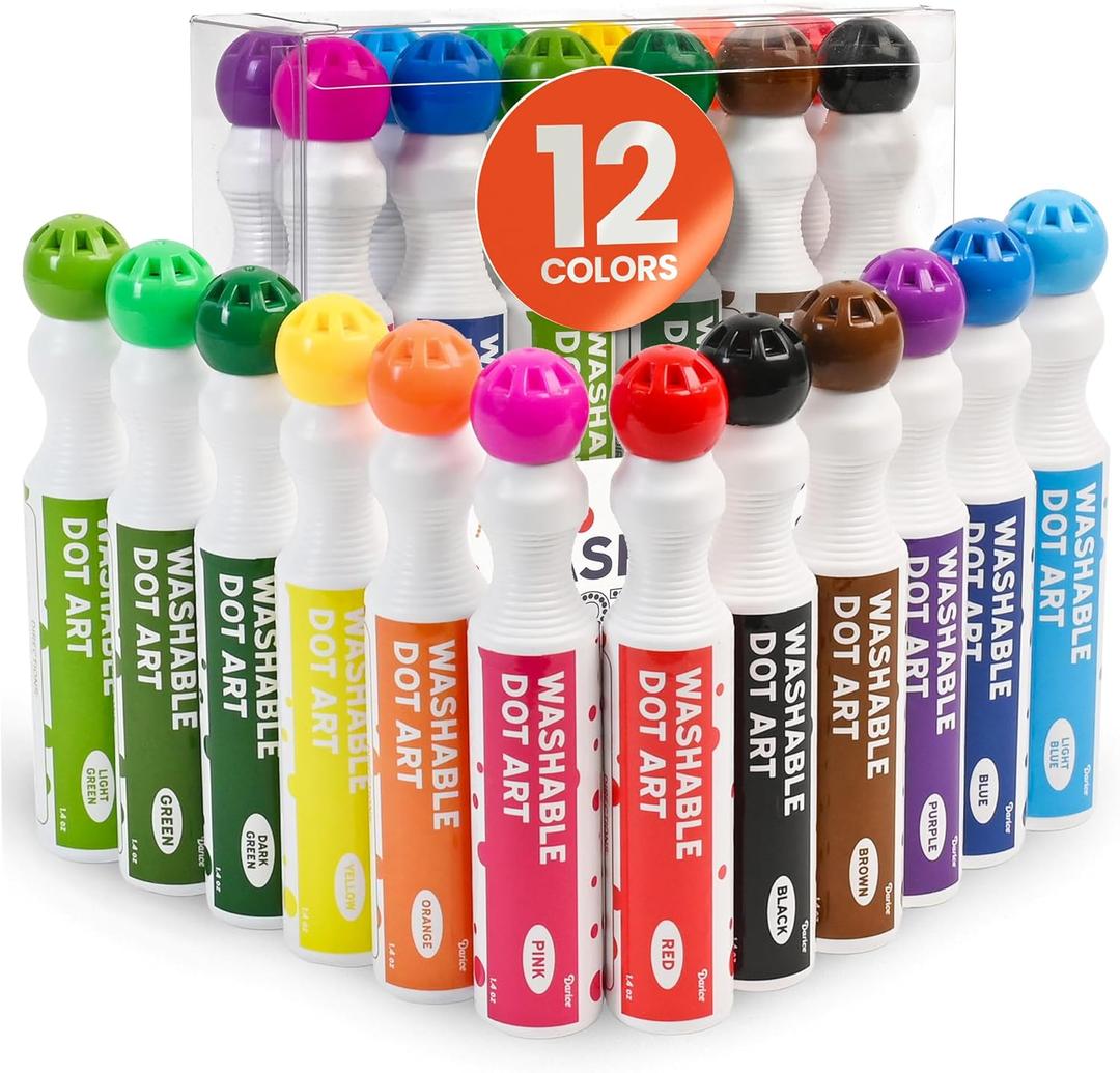 Darice Washable Dot Markers for Toddlers, 12 Colors (40ml 1.35oz) Paint Marker Dot Art Set, Water Based Non-Toxic Bingo Daubers for Kids