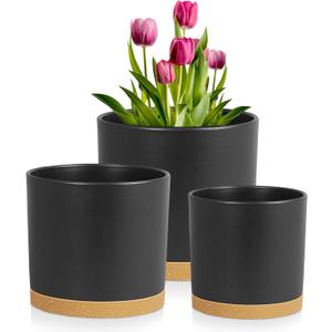 8/7/6 inch Flower Pots, 3 Pack Cylinder Plant Pots for Outdoor Indoor Plants, Decorative Plastic Planters with Drainage Holes and Saucers for Garden House Plants, Black with Brown