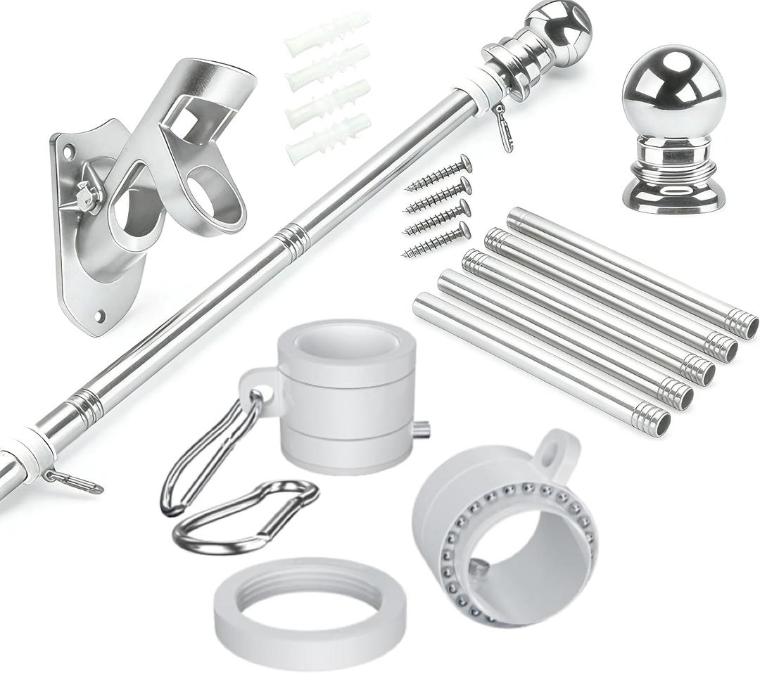 5 FT Flag Pole Kit for Outside House, Stainless Steel Wall Mount Flagpole with 2-Position Holder Bracket & 360 Spinning Metal Flag Ring Clips for 3x5 American Flag