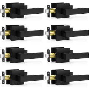 Plustool 8 Pack Matte Black Door Handles, Passage Door Levers for Hallway & Closet, Interior Keyless Door Knobs Heavy Duty Square NonLocking Handlesets(2.0lb), Reversible for Left & Right Sided Doors