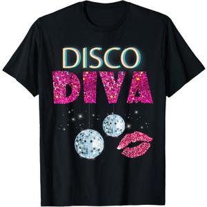 Disco Diva Ladies Disco Gold Ball Silver Red Lips T-Shirt (Small, Black)