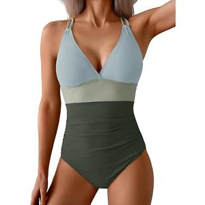 Aidonger Women's One Piece Color Block Swimsuit Tummy Control Slimming Bathing Suit V Neck Cutout High Waisted Swimwear Medium