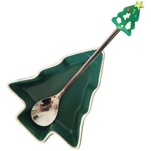 Coffee Spoon and Rest for Coffee Bar Accessories, Christmas Small Spoon Rest for Coffee Station, Tea Spoon Rest Teaspoon Rest (Christmas Tree Green + Spoon with Silicone Christmas Tree Handle)