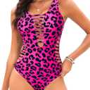 Aqua Eve Women Sexy One Piece Swimsuits Plunge Deep V Neck Cutout Bathing Suits (Medium, Hot Pink Leopard)
