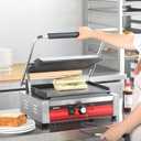 EGGKITPO Commercial Electric Panini Grill with Flat Plates Stainless Steel Sandwich Maker 14"× 9.5" Cast Iron Enamel Plate Countertop Panini Press with Temperature Control for Business 110V 1700W