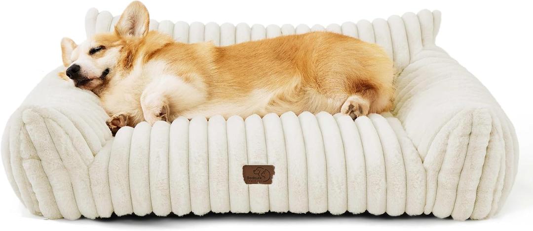 Bedsure ComfyFleece Cute Dog Couch for Medium Dogs - As Seen on TV on Good Day New York, Dog Couch Bed with Removable, Washable Cover, Supportive Pet Sofa, for Medium Large Dogs, 36inch, Cream (36x27x10")