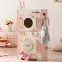 ROBOTIME Kids Washer and Dryer Playset  Wooden Laundry Pretend Play Set with Ironing, Color Beads Drum, Toy Washing Machine & Dryer Set for Toddlers Ages 3+, Gift for Boys and Girls