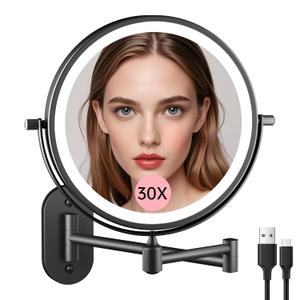 FUNTOUCH Rechargeable Wall Mounted Lighted Makeup Vanity Mirror 8 Inch Double Sided 1X 30X Magnifying Bathroom Mirror, 3 Color Lighting, Touch Dimming, Extended Arm 360 Rotation Light up Mirror Black