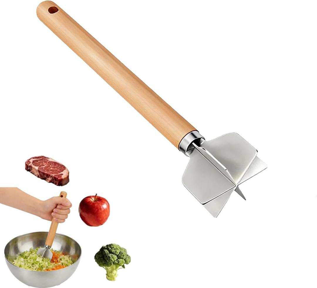 Stainless Steel Meat Chopper With Wooden Handle,Potato Masher Hamburger Smasher Tool,Kitchen Cooking Vegetable,Food Grade 6-Blade,11 Inch