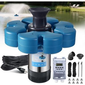 RELIY Pond Fountain Aerator, 15000 GPH 110V 1HP Fountain Pump, Fully Automatic Powerful Lake Floating Fountain, 100 FT Power Cord, 2x100 FT Traction Rope, Pond Fountains For Large Ponds