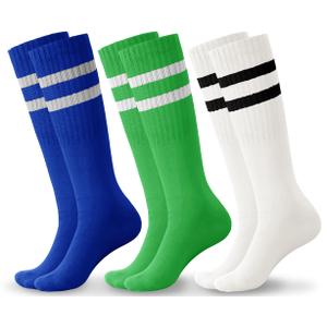 Haloumoning 3 Pairs Boys Soccer Athletic Socks Kids Striped Football Knee High Uniform Sports Tube Socks 4-15 Years (S)