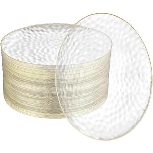 R-kay 100 Pack Clear Plastic Plates For Wedding - 10 IN Hammered Gold Rimmed Sturdy, Durable And Extra Heavy duty Gold Plastic Plates For Party - Bulk Disposable Plates For Weddings