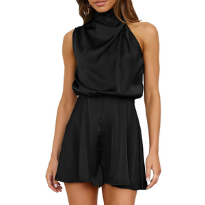BTFBM Women Mock Neck Summer Romper 2025 Spring Beach Vacation Clothes Sleeveless Elastic Waist Satin Shorts Jumpsuit S