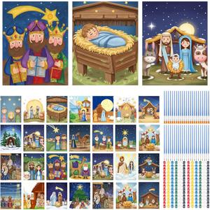 Affrolling 28 Set Nativity Scene Pre Drawn Canvas for Painting Jesus Pre Printed Stretched Canvas with Paints and Brushes for Kids Adults Christian Painting DIY Christmas Party Gift(8 x 10 Inch)