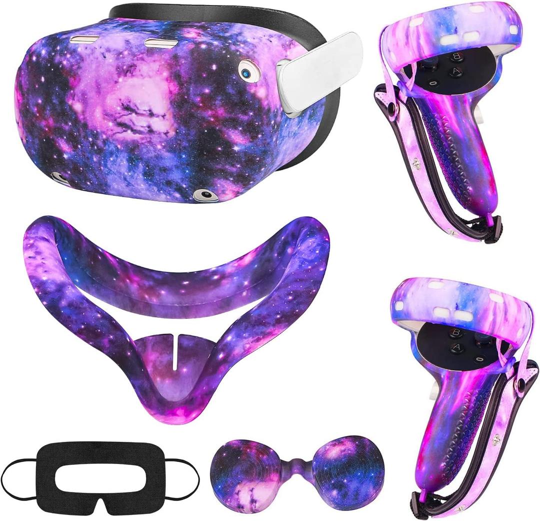 Relohas Accessories for Oculus Quest 2, VR Accessory Set for Meta Quest 2, Include Controller Grip Leather Cover, VR Shell Cover, Face Cover, The Best Gifts for Christmas and Halloween (Galaxy Purple) (1-Starry Purple)