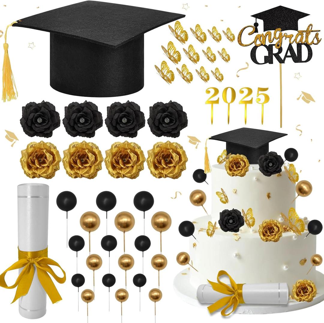 Graduation Cake Kit Included Felt Graduation Cap Diploma Congrats Grad Cupcake Toppers Ball Cake Topper Butterfly Flowers Cake Decorations for Class of 2025 Graduation Party (Black)