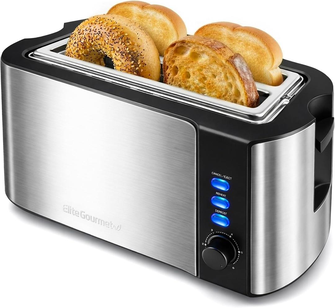 Elite Gourmet ECT-3100 4-Slice Long Slot Toaster | Extra Wide Slots for Bagels, Sourdough & Texas Toast | 6 Browning Settings | Reheat, Defrost & Cancel | Built-In Warming Rack | Stainless Steel
