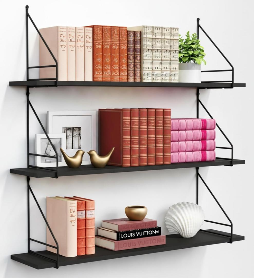 Black Floating Shelves 36 Inch Long, 8 In Deep Wall Bookshelf for Bedroom, 36" x 8" x 12.2" Tall Bookends