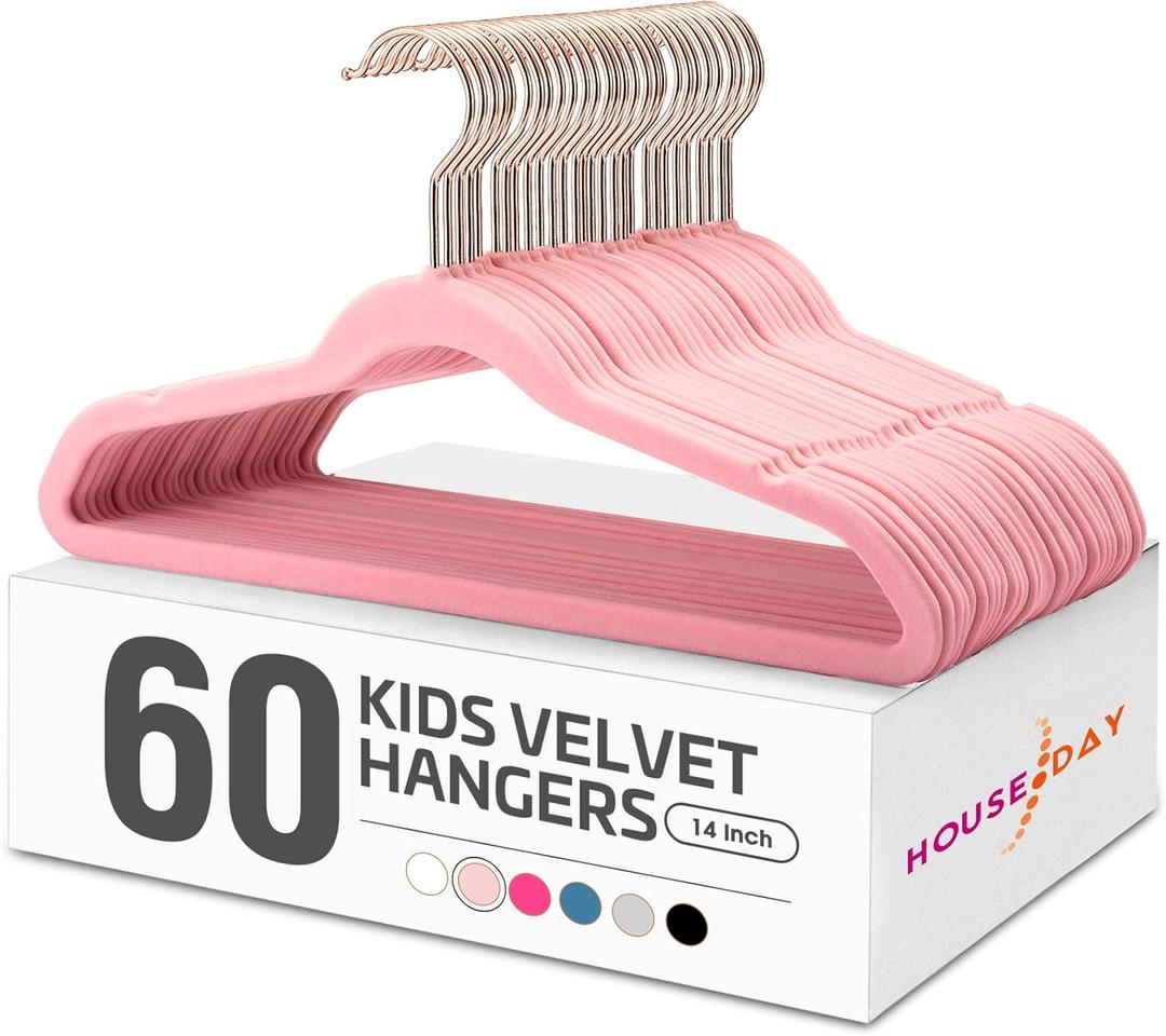 HOUSE DAY Velvet Kids Hangers 60 Pack, Premium Childrens Hangers for Closet, Ultra Thin Cute Clothes Hanger, Non Slip Small Felt Hanger 14 Inch for Kids Clothes, Blush Pink