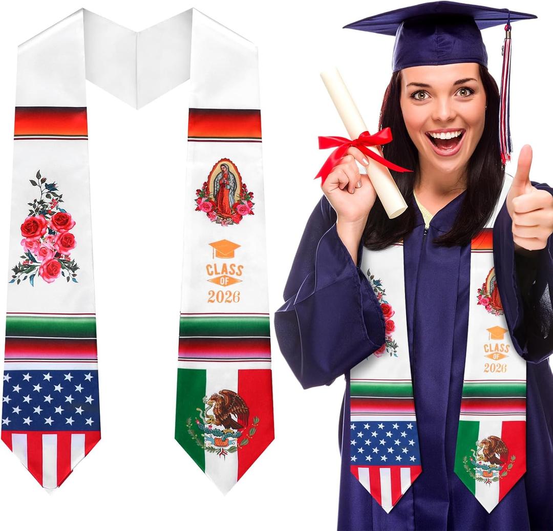 2 x Berlune Graduation Stole Sash Class of 2026 Mixed Flag Grade Sash 72 Inch Our Lady of Guadalupe Honor Stole for Graduation