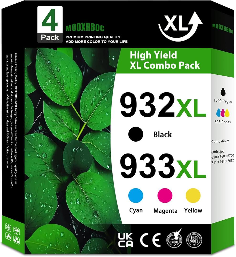 932XL 933XL Ink Cartridges Combo Pack (4-Pack, 1Black/1Cyan/1Magenta/1Yellow) Replacement for HP 932 XL 933 XL Black and Color Ink Cartridges OfficeJet 6100 6600 6700 7110 7510 7610 7612 Printer
