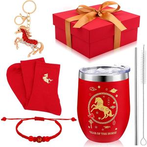 4  Pcs Year of The Horse 2026 Chinese New Year Gifts, 12oz Stainless Steel Insulated Tumbler with Lid, Horse Beaded Bracelet Rhinestone Keychain Lunar New Year Gifts for celebration with family friends